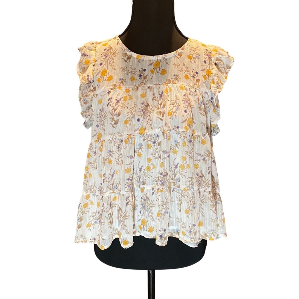 Floral Tiered Ruffle Sleeve Top Cream Yellow Wildflower Chiffon S
Cottagecore